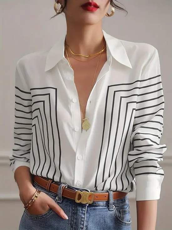 Women Abstract Long Sleeve Shirt Spring/Fall Buckle Shirt Collar Regular Sleeve Daily Casual Top