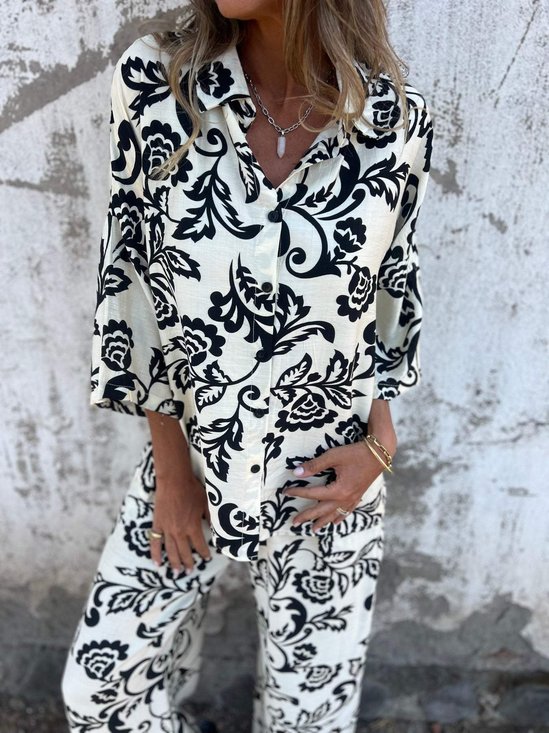 Women Floral Printing Two-Piece Set Daily Three Quarter Sleeve Casual Spring/Fall Top With Pants Matching Set