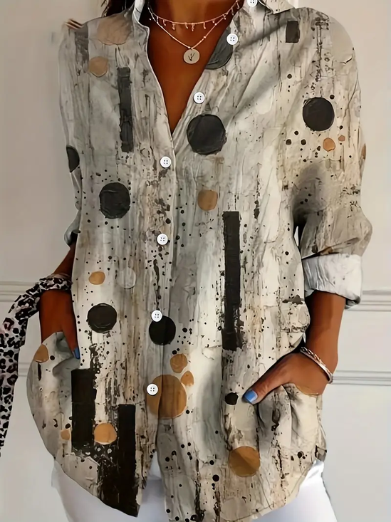 Women Abstract Long Sleeve Shirt Spring/Fall Buckle Shirt Collar Regular Sleeve Daily Casual Top