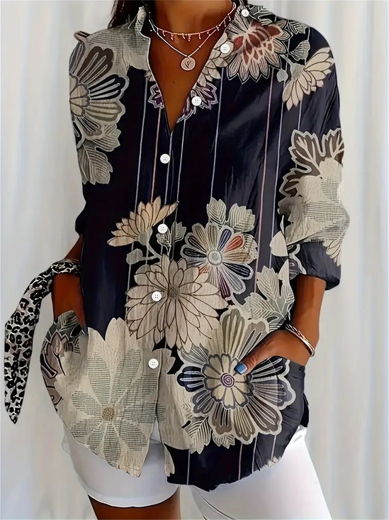Women Floral Long Sleeve Shirt Spring/Fall Buckle Shirt Collar Regular Sleeve Daily Casual Top
