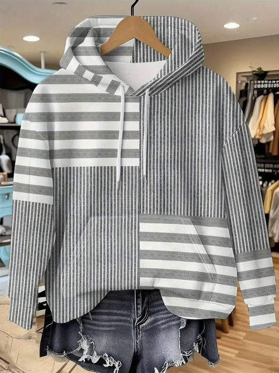 Women Striped Spring/Fall Printing Long Sleeve Casual Daily Hoodie