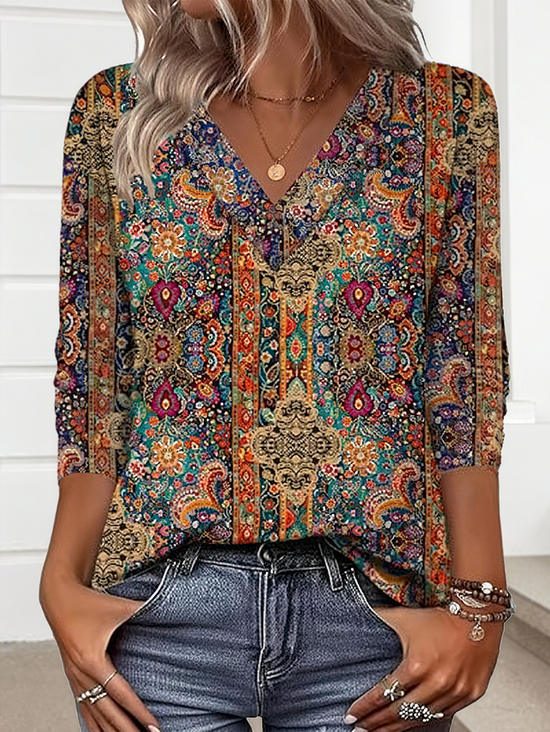 Women Nationality/ethnic Long Sleeve Tee T-shirt V Neck Casual Spring/Fall Top