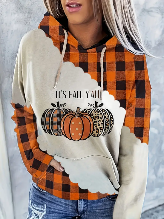Women Plaid Spring/Fall Printing Long Sleeve Casual Daily Hoodie