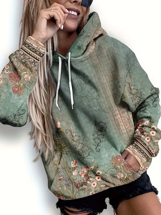 Women Floral Spring/Fall Printing Long Sleeve Casual Daily Hoodie