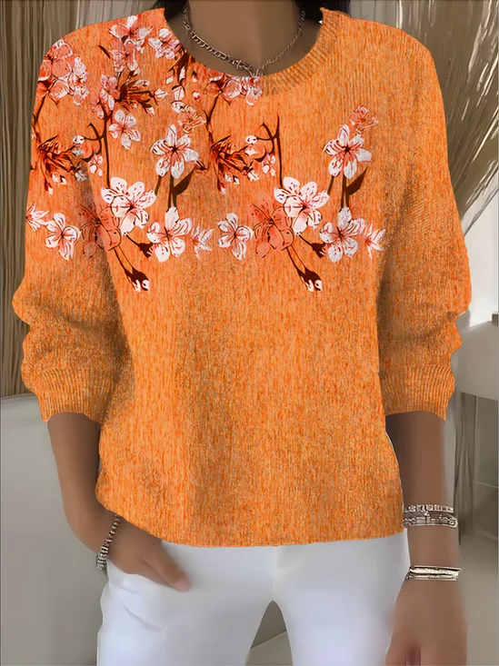 Women Floral Vintage Long Sleeve Crew Neck Winter Sweater