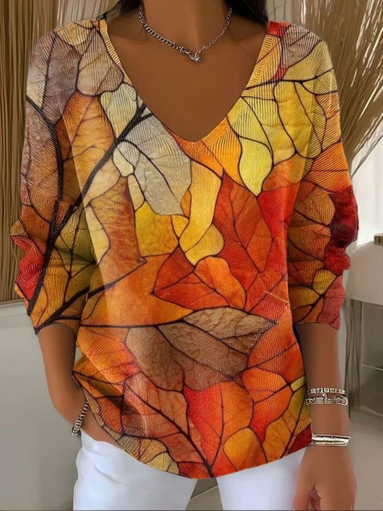 Women Painting Spring/Fall Casual Long Sleeve V Neck Cotton Sweater