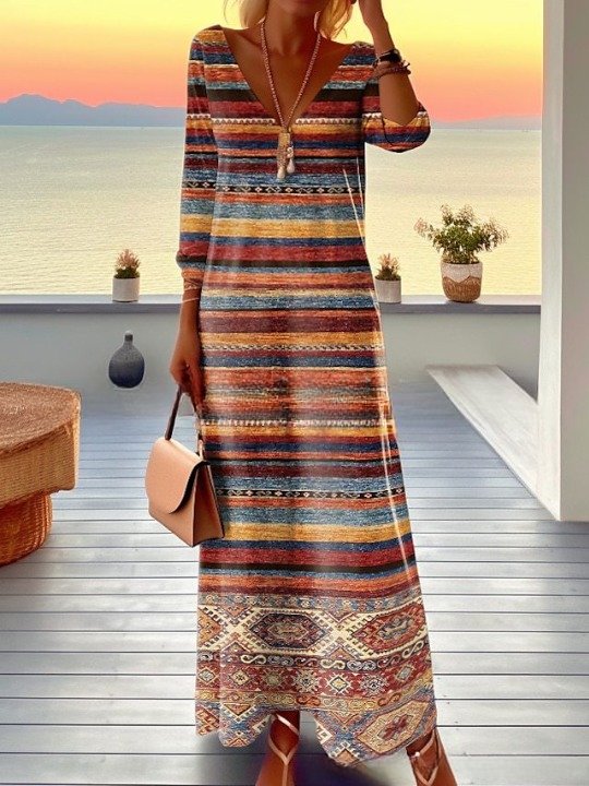 Women Striped Long Sleeve Spring/Fall Split Joint Dress V Neck Daily Vintage Maxi Tank A-Line Dress