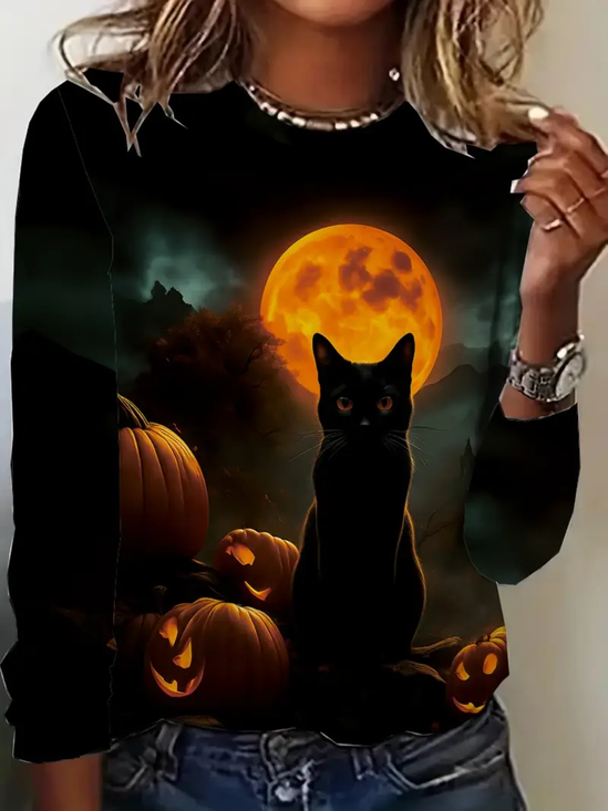 Women Cat Long Sleeve Tee T-shirt Crew Neck Printing Casual Spring/Fall Graphic Tee Top