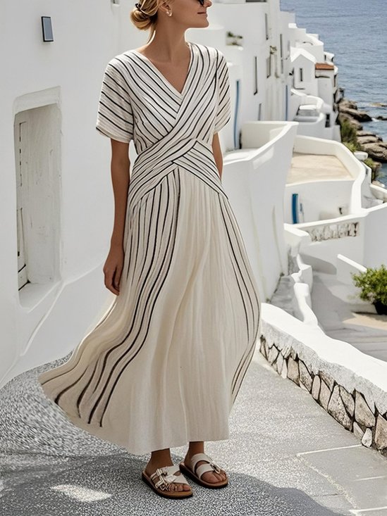 Women Striped Short Sleeve Summer Split Joint Dress V Neck Daily Vintage Maxi T-Shirt Dress A-Line Dress