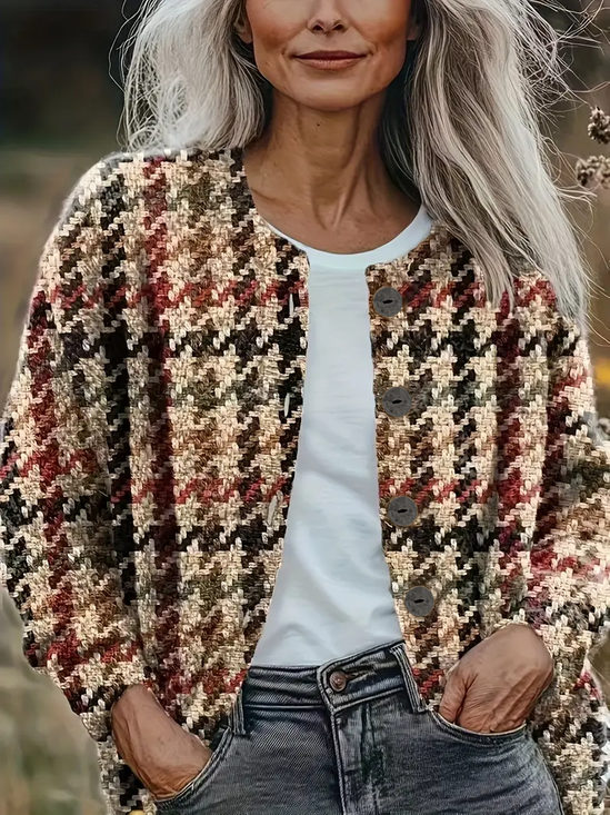 Women Houndstooth Printing Long Sleeve Crew Neck Vintage Spring/Fall Cardigan Outerwear