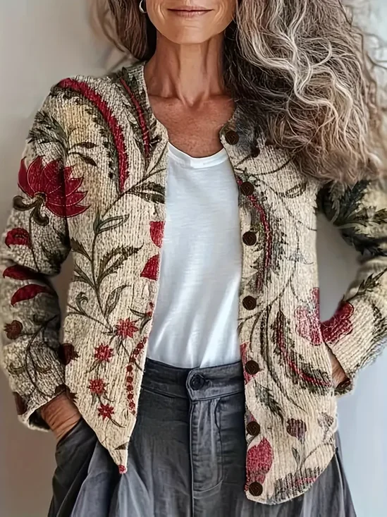 Women Floral Printing Long Sleeve Crew Neck Vintage Spring/Fall Cardigan Outerwear