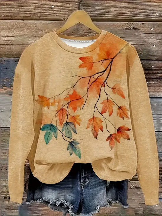 Women Maple Leaf Crew Neck Printing Casual Spring/Fall Long Sleeve Sweatshirt