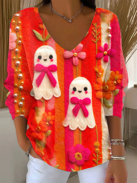 Women Floral Long Sleeve Tee T-shirt V Neck Printing Casual Spring/Fall Top
