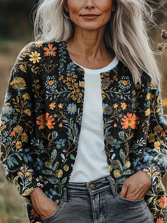 Women Floral Printing Long Sleeve Crew Neck Vintage Spring/Fall Cardigan Outerwear