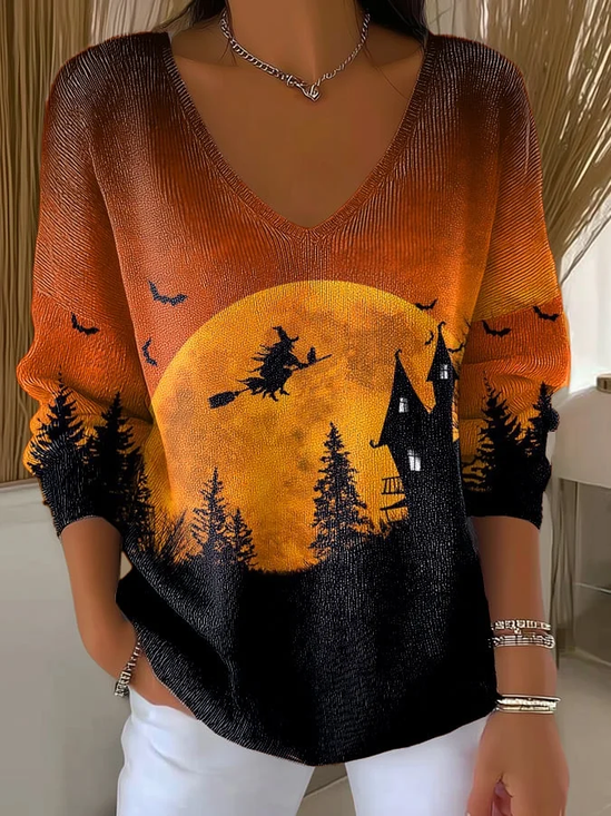 Women Halloween Long Sleeve Tee T-shirt V Neck Printing Casual Spring/Fall Top