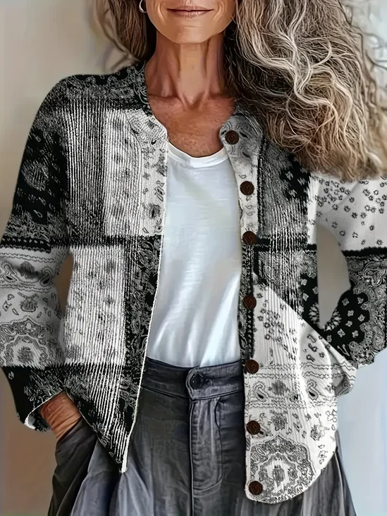 Women Paisley Printing Long Sleeve Crew Neck Vintage Spring/Fall Cardigan Outerwear