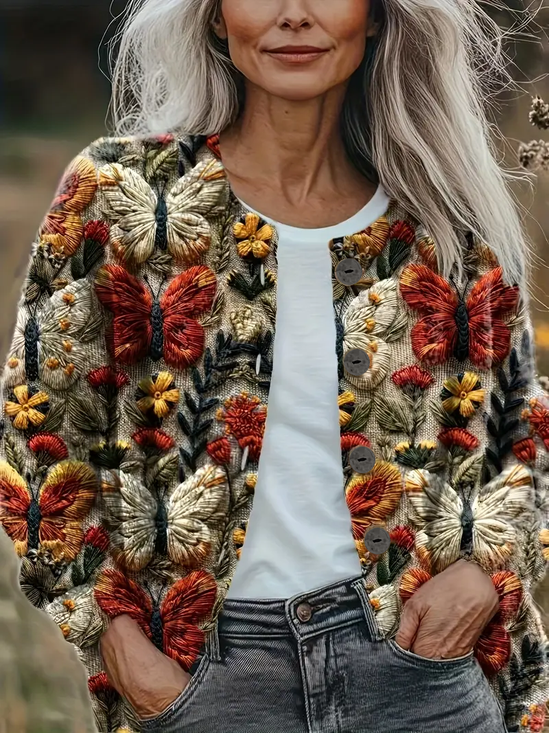 Women Floral Printing Long Sleeve Crew Neck Vintage Spring/Fall Cardigan Outerwear