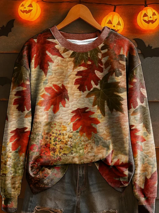 Women Maple Leaf Crew Neck Printing Casual Spring/Fall Long Sleeve Sweatshirt