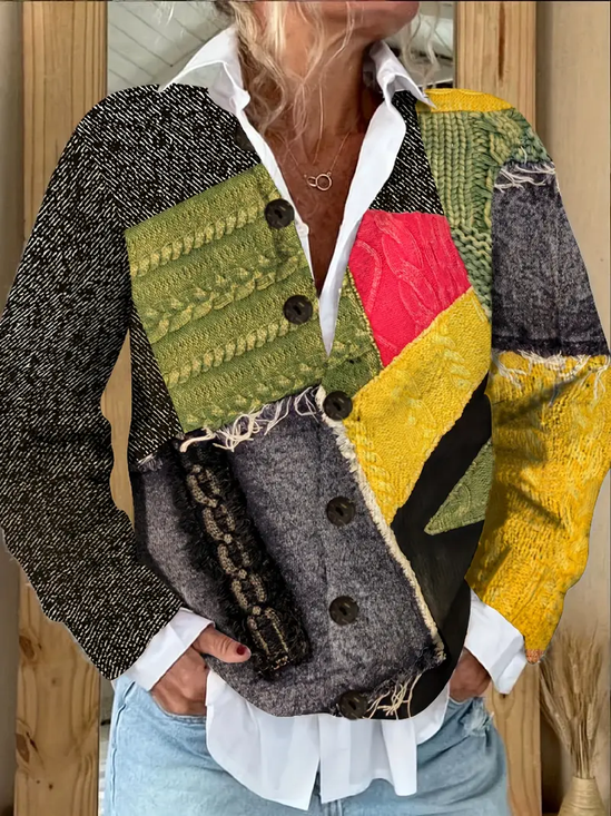 Women Abstract Printing Long Sleeve Crew Neck Vintage Spring/Fall Cardigan Outerwear