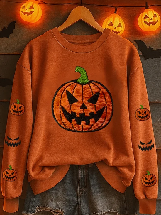 Women Halloween (pumpkin) Crew Neck Printing Casual Spring/Fall Long Sleeve Sweatshirt