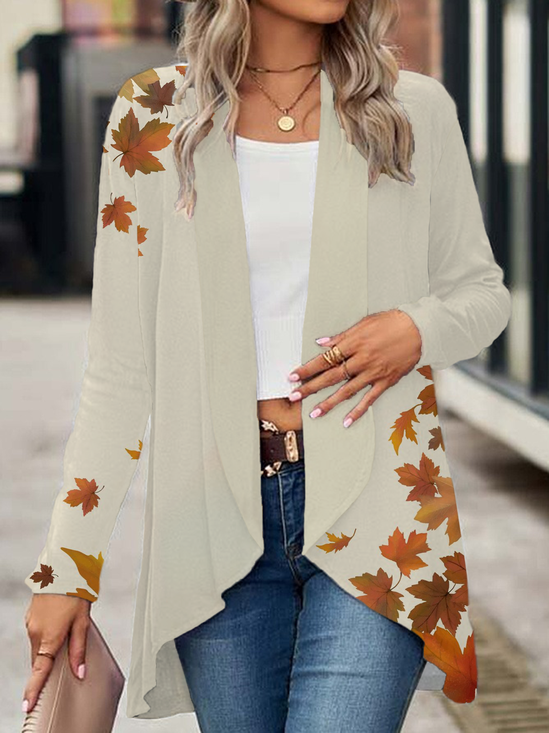 Women Maple Leaf Spring/Fall Cover-up Casual Printing Lightweight Cardigan