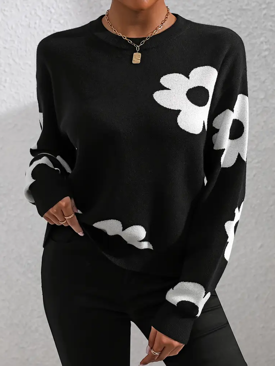 Women Floral Printing Spring/Fall Casual Long Sleeve Crew Neck Sweater
