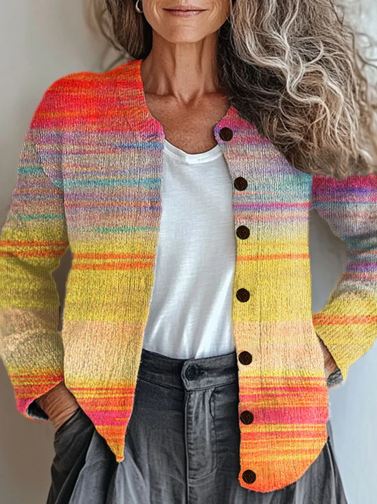 Women Abstract Printing Long Sleeve Crew Neck Vintage Spring/Fall Cardigan Outerwear