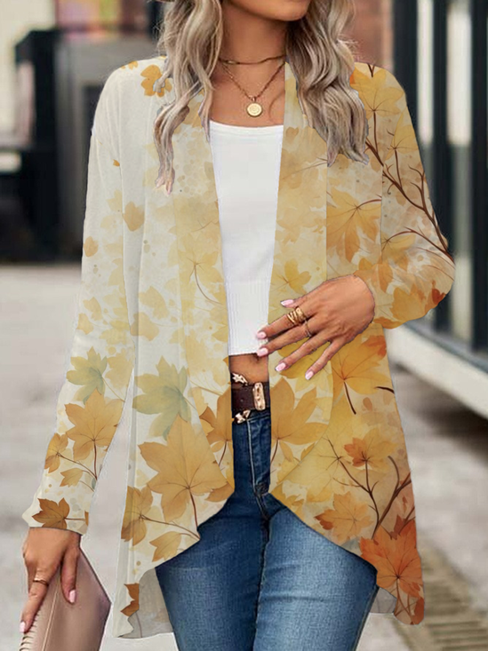 Women Maple Leaf Spring/Fall Cover-up Casual Printing Lightweight Cardigan