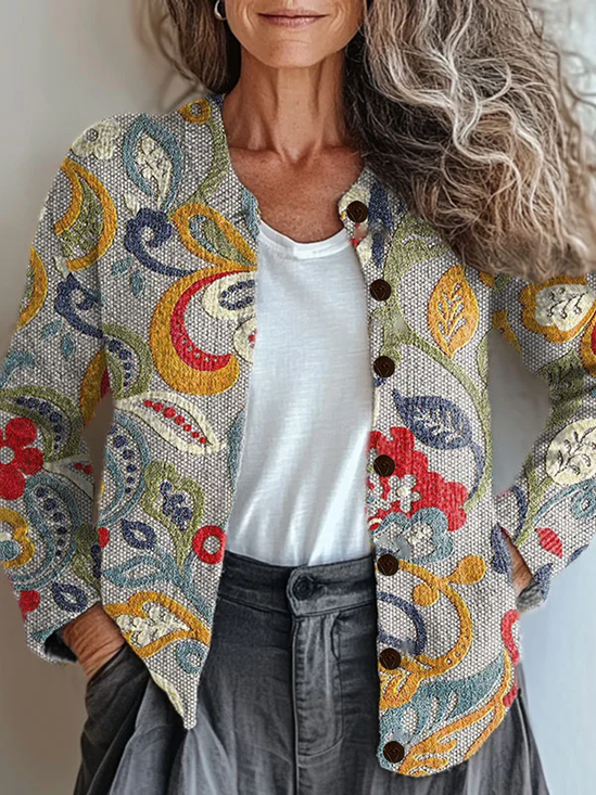 Women Floral Printing Long Sleeve Crew Neck Vintage Spring/Fall Cardigan Outerwear