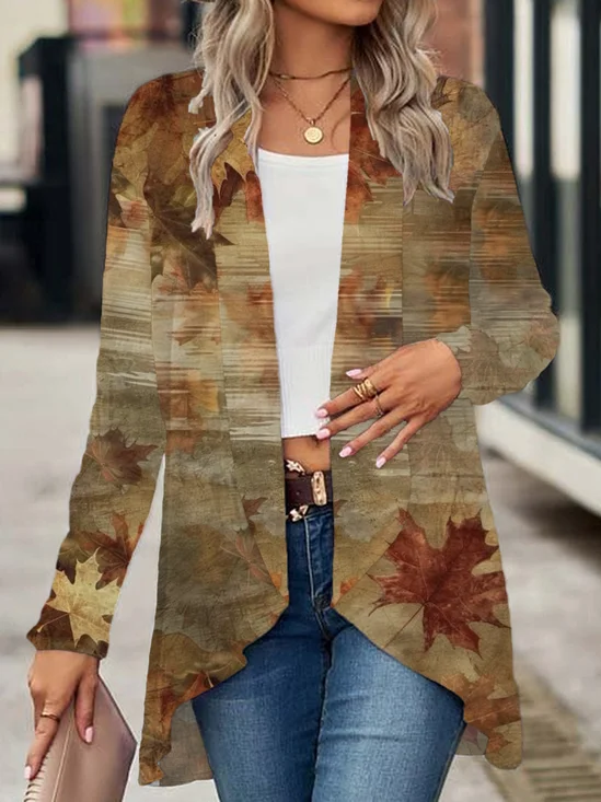 Women Maple Leaf Spring/Fall Cover-up Casual Printing Lightweight Cardigan