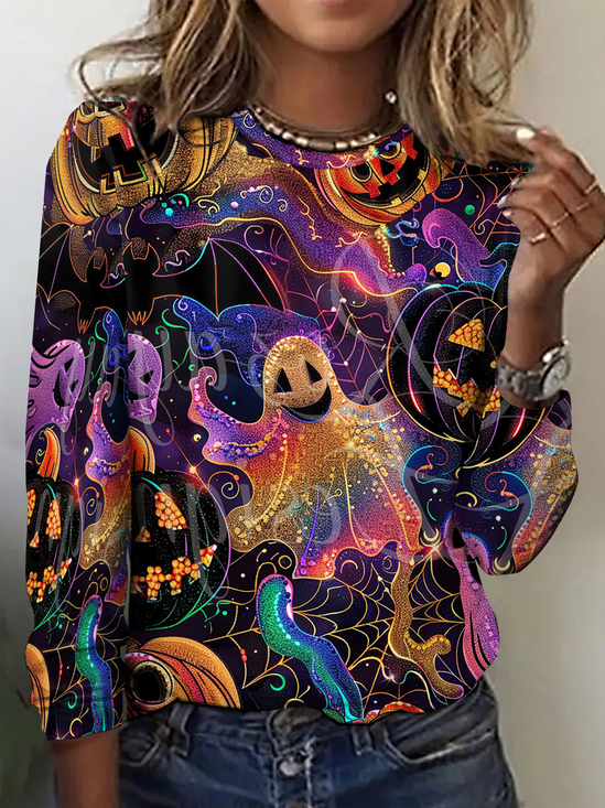 Women Halloween Long Sleeve Tee T-shirt Crew Neck Vintage Spring/Fall Top