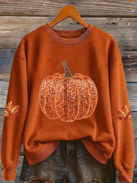 Women Maple Leaf Crew Neck Printing Casual Spring/Fall Long Sleeve Sweatshirt