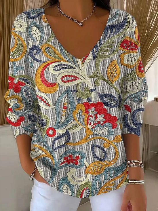 Women Floral Long Sleeve Tee T-shirt V Neck Printing Casual Spring/Fall Top