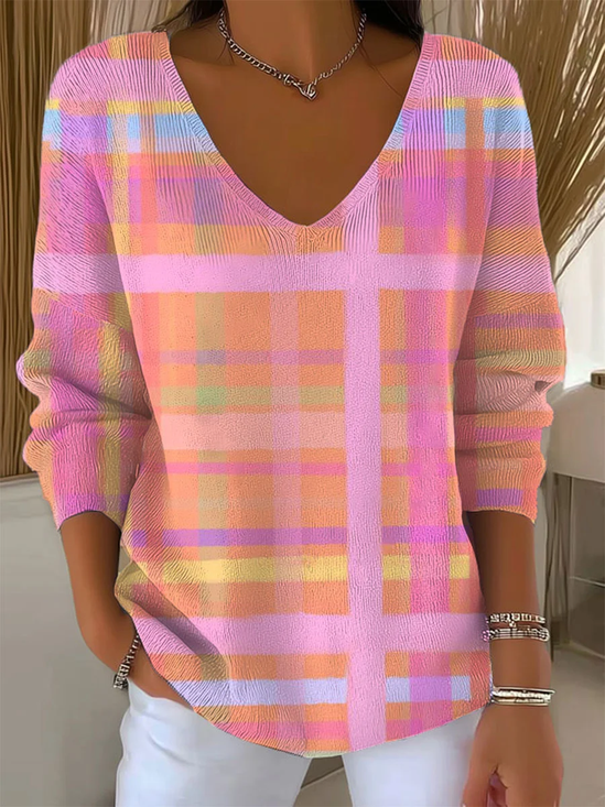 Women Abstract Long Sleeve Tee T-shirt V Neck Printing Casual Spring/Fall Top