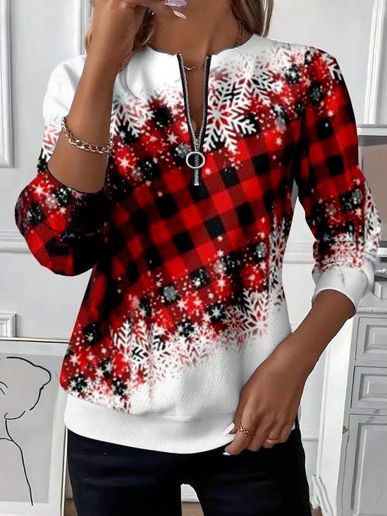 Women Plaid Crew Neck Printing Casual Spring/Fall Long Sleeve Sweatshirt