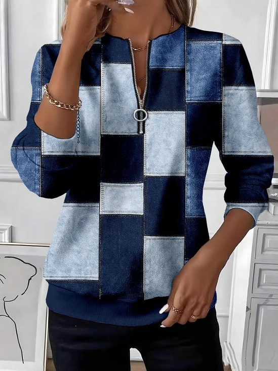 Women Abstract Plaid Crew Neck Printing Casual Spring/Fall Long Sleeve Sweatshirt