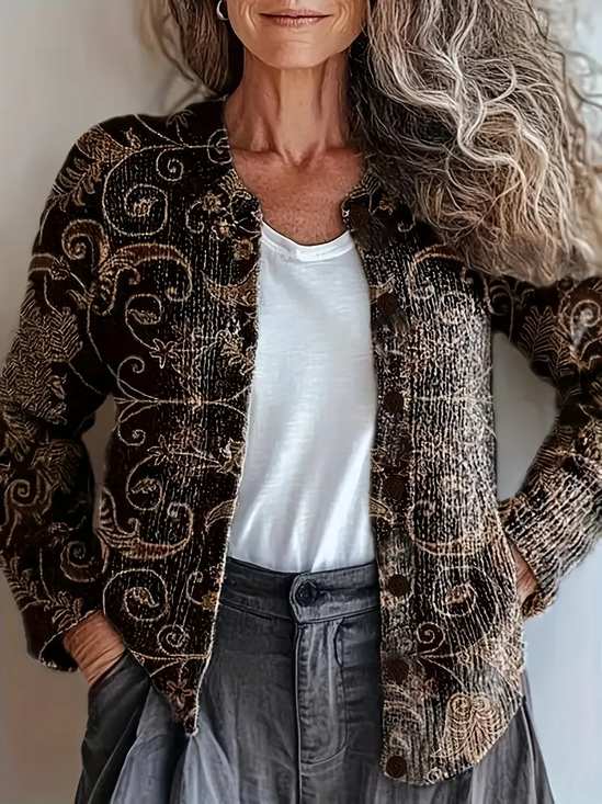 Women Floral Printing Long Sleeve Crew Neck Vintage Spring/Fall Cardigan Outerwear
