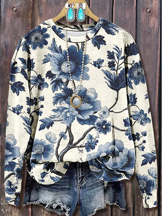 Women Floral Crew Neck Printing Casual Spring/Fall Long Sleeve Sweatshirt