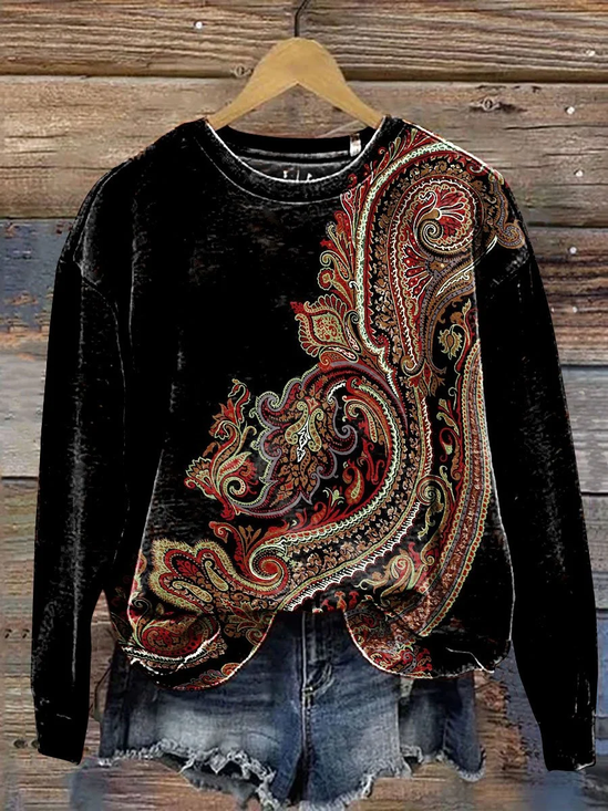 Women Ethnic Crew Neck Printing Casual Spring/Fall Long Sleeve Sweatshirt