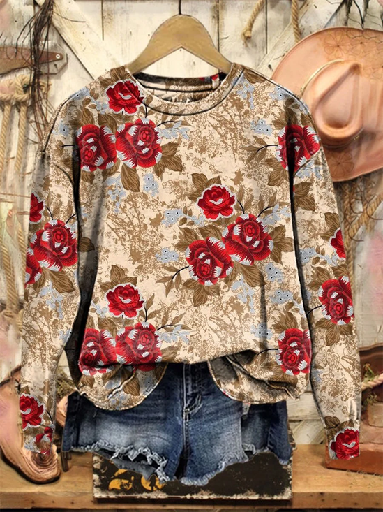 Women Floral Crew Neck Printing Casual Spring/Fall Long Sleeve Sweatshirt