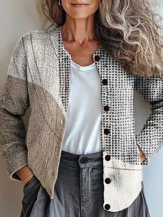Women Abstract Printing Long Sleeve Crew Neck Vintage Spring/Fall Cardigan Outerwear
