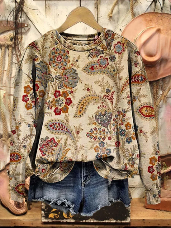 Women Floral Crew Neck Printing Casual Spring/Fall Long Sleeve Sweatshirt