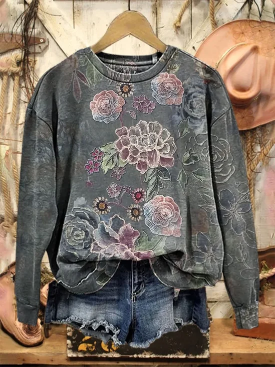 Women Floral Crew Neck Printing Casual Spring/Fall Long Sleeve Sweatshirt