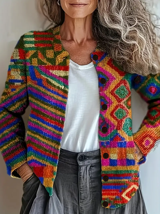 Women Abstract Printing Long Sleeve Crew Neck Vintage Spring/Fall Cardigan Outerwear