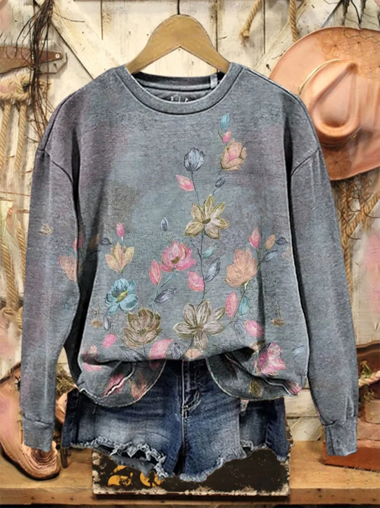 Women Floral Crew Neck Printing Casual Spring/Fall Long Sleeve Sweatshirt