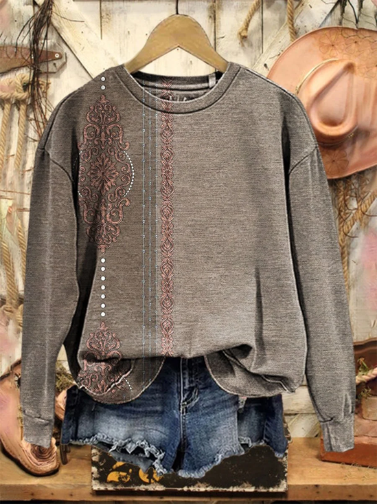 Women Ethnic Crew Neck Printing Casual Spring/Fall Long Sleeve Sweatshirt