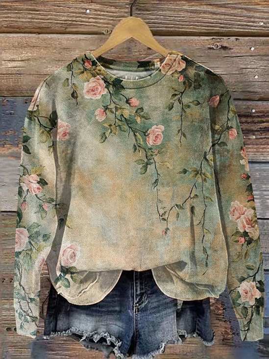 Women Floral Crew Neck Printing Casual Spring/Fall Long Sleeve Sweatshirt