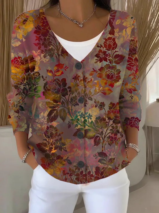 Women Floral Long Sleeve V Neck Casual Spring/Fall Cardigan Outerwear
