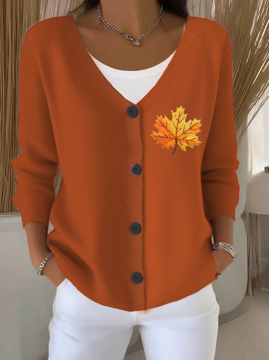Women Maple Leaf Long Sleeve V Neck Casual Spring/Fall Cardigan Outerwear