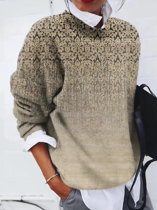 Women Ethnic Printing Spring/Fall Casual Long Sleeve Crew Neck Sweater